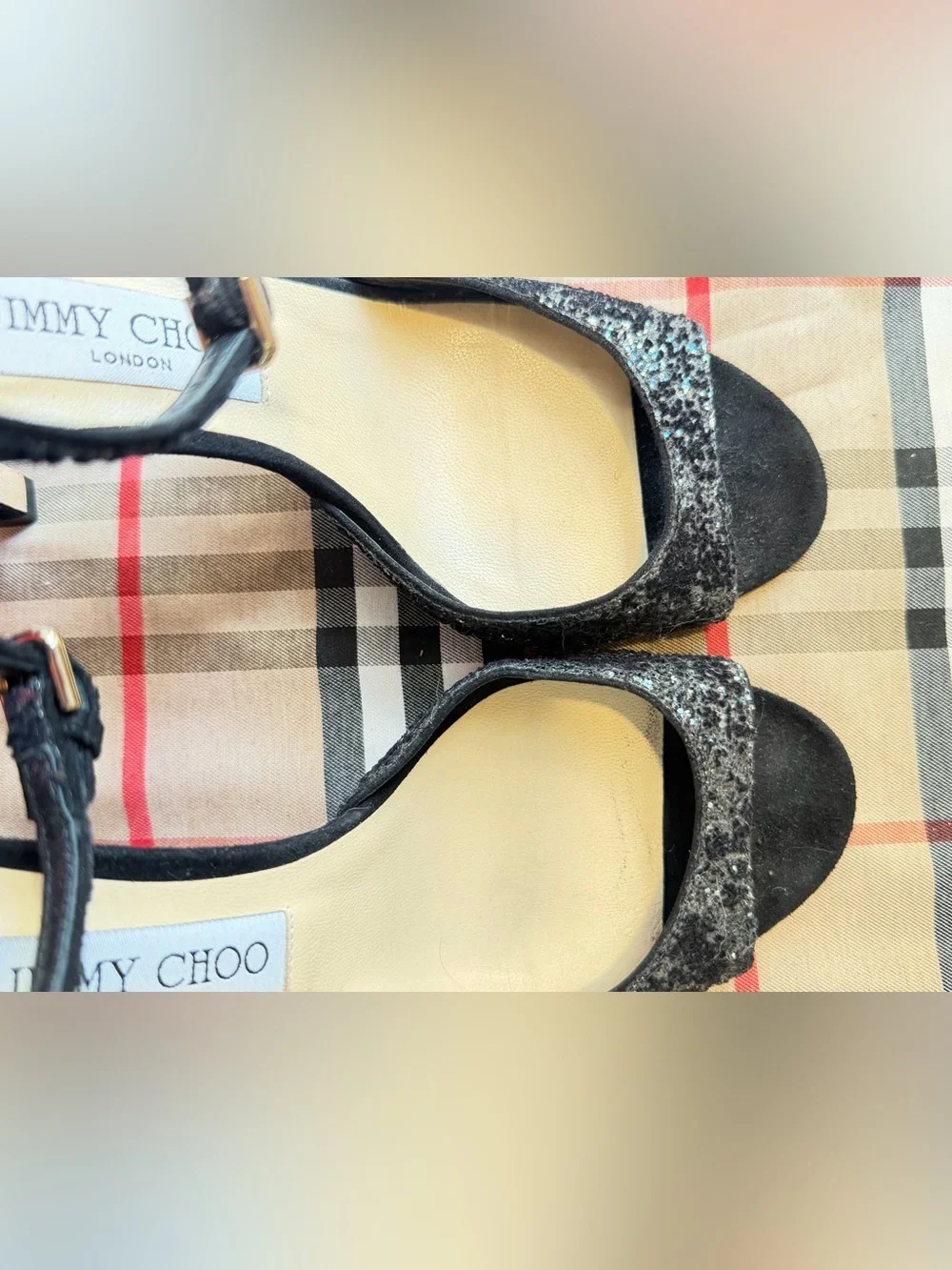 Jimmy Choo Black Glitter Ankle-Strap Stiletto Heels
